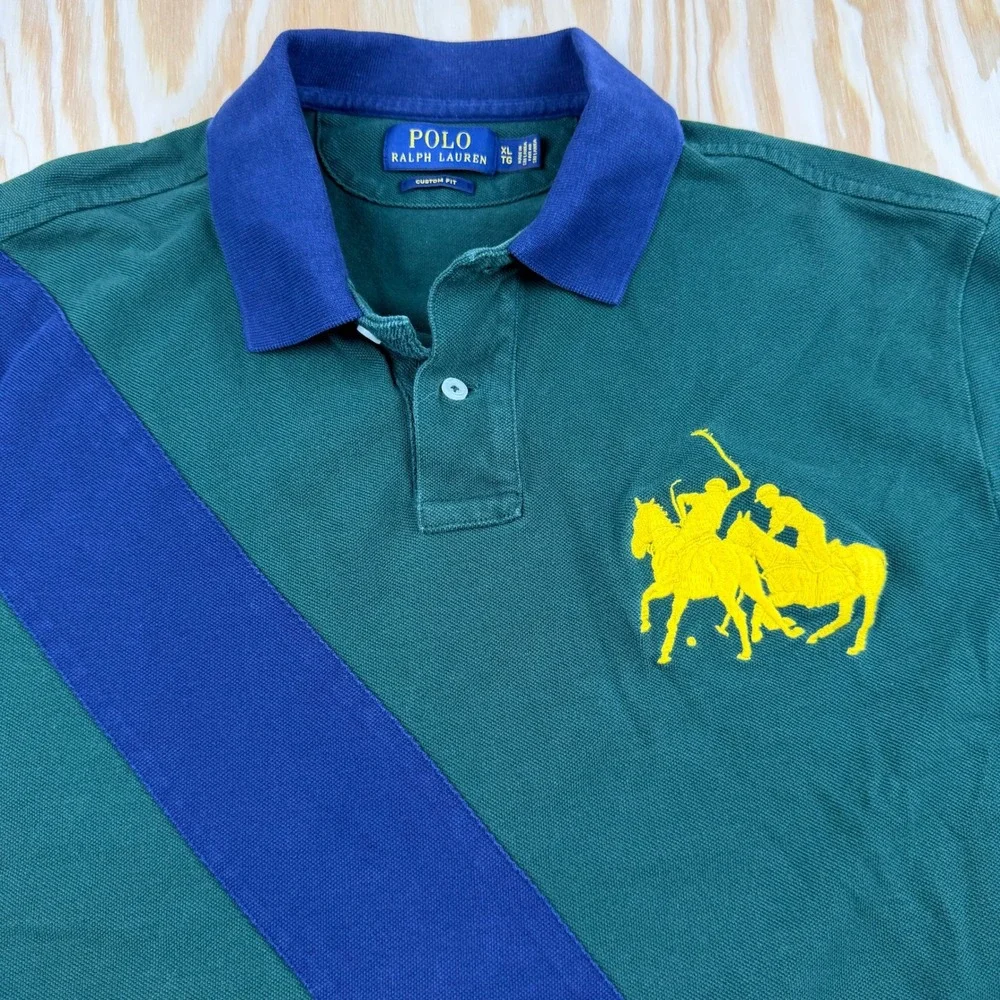 Polo Ralph Lauren Big Pony Custom Fit Green Blue Sash Polo Shirt Mens XL